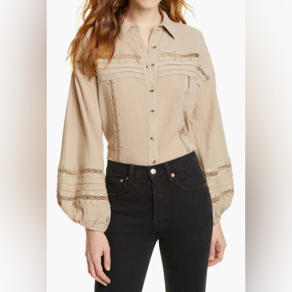 Free People Summer Stars Crocheted Trim Button Down Blouse - Size XS